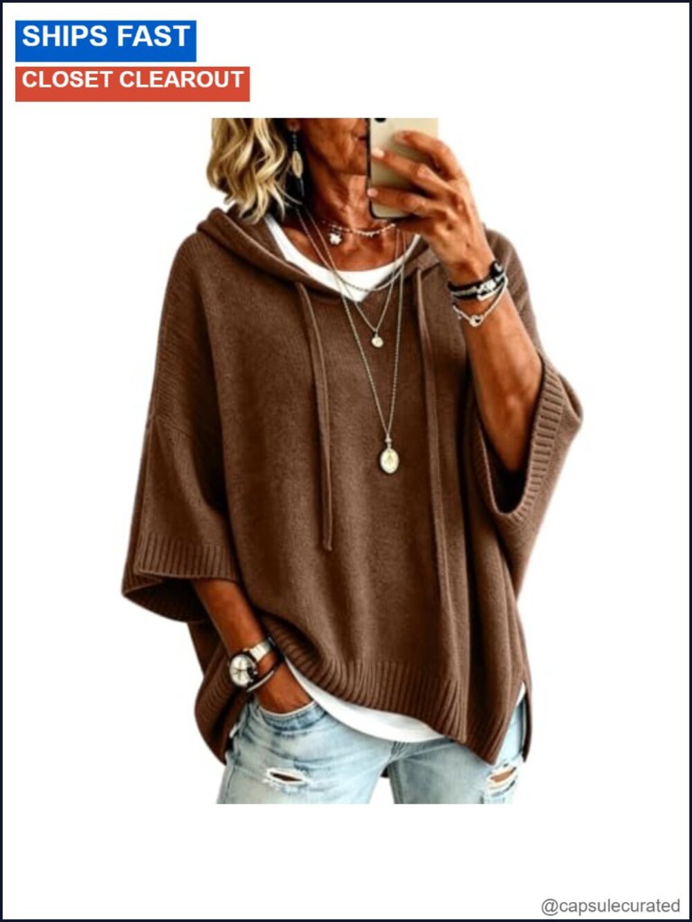 Women's Oversized Hooded Knit Sweater 3/4 Batwing Sleeve Pullover
